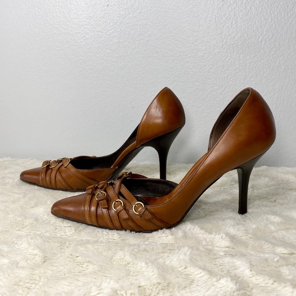 Bally Tan Leather Stilettos w/Decorative Buckles - Picture 6 of 16
